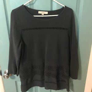 LOFT Grey Cotton Eyelet Top 3/4 Sleeve Large